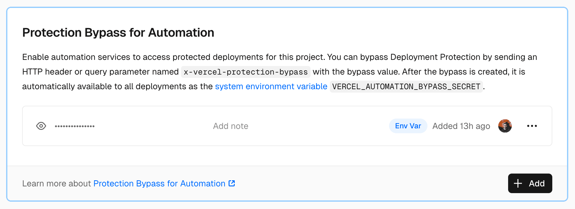 Vercel Protection Bypass for Automation